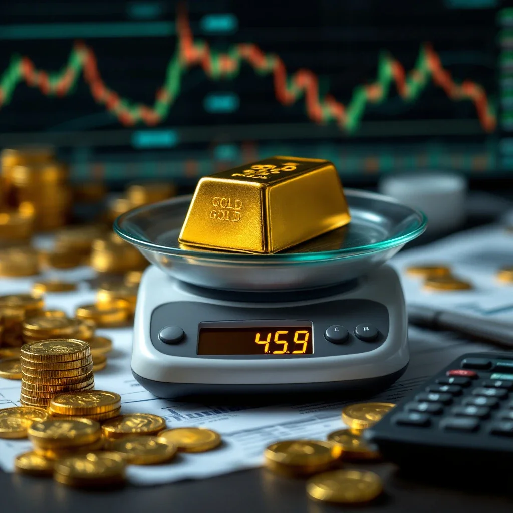 金條在數位秤上稱重的場景,背景有波動的黃金價格圖表與散落的金幣,展現黃金金條投資風險的複雜性