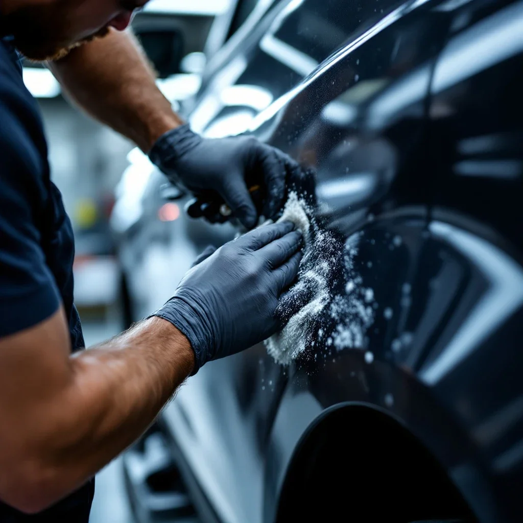 技術人員在車輛包膜施工中仔細修整邊緣展現高雄汽車包膜設計風格的精細與專業
