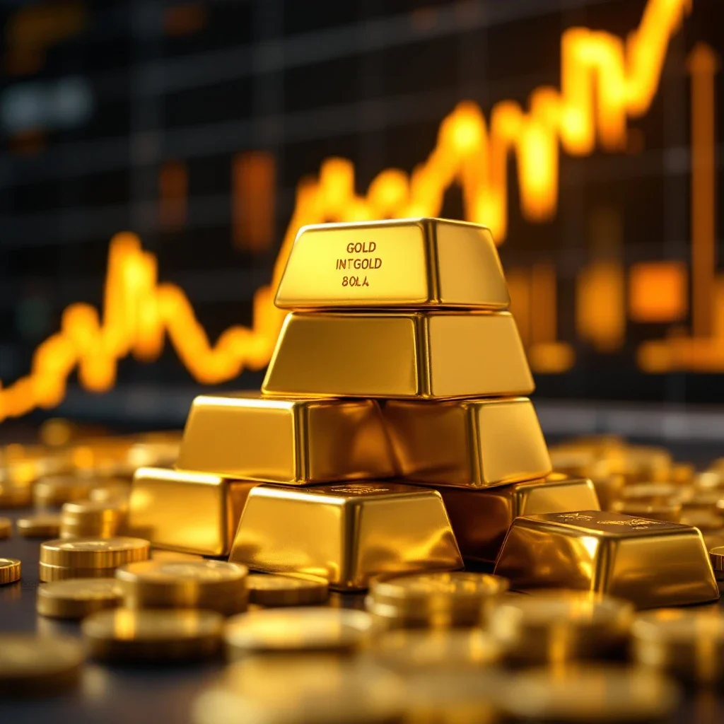 堆疊金條與金融市場圖表的柔焦背景展現黃金存摺保值能力 堆疊金條與金融市場圖表的柔焦背景展現黃金存摺保值能力