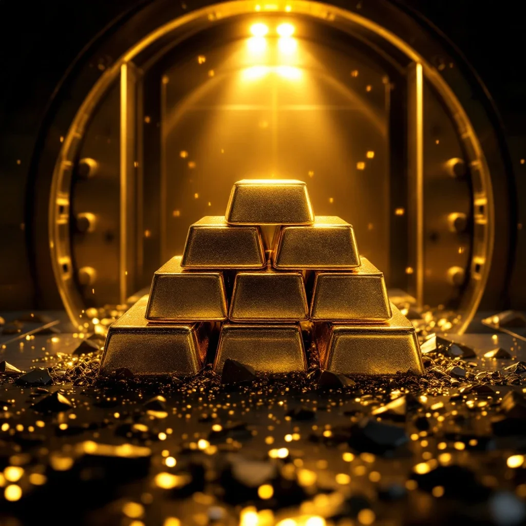 安全金庫中堆疊的金條閃耀著光澤展現黃金金條投資優勢