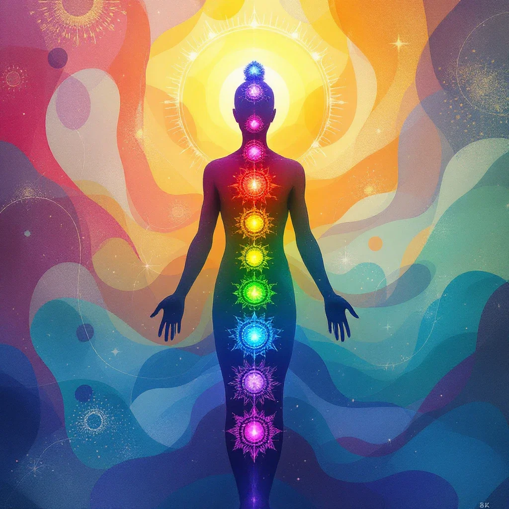 人類身體的脈輪能量與情感符號的藝術插畫