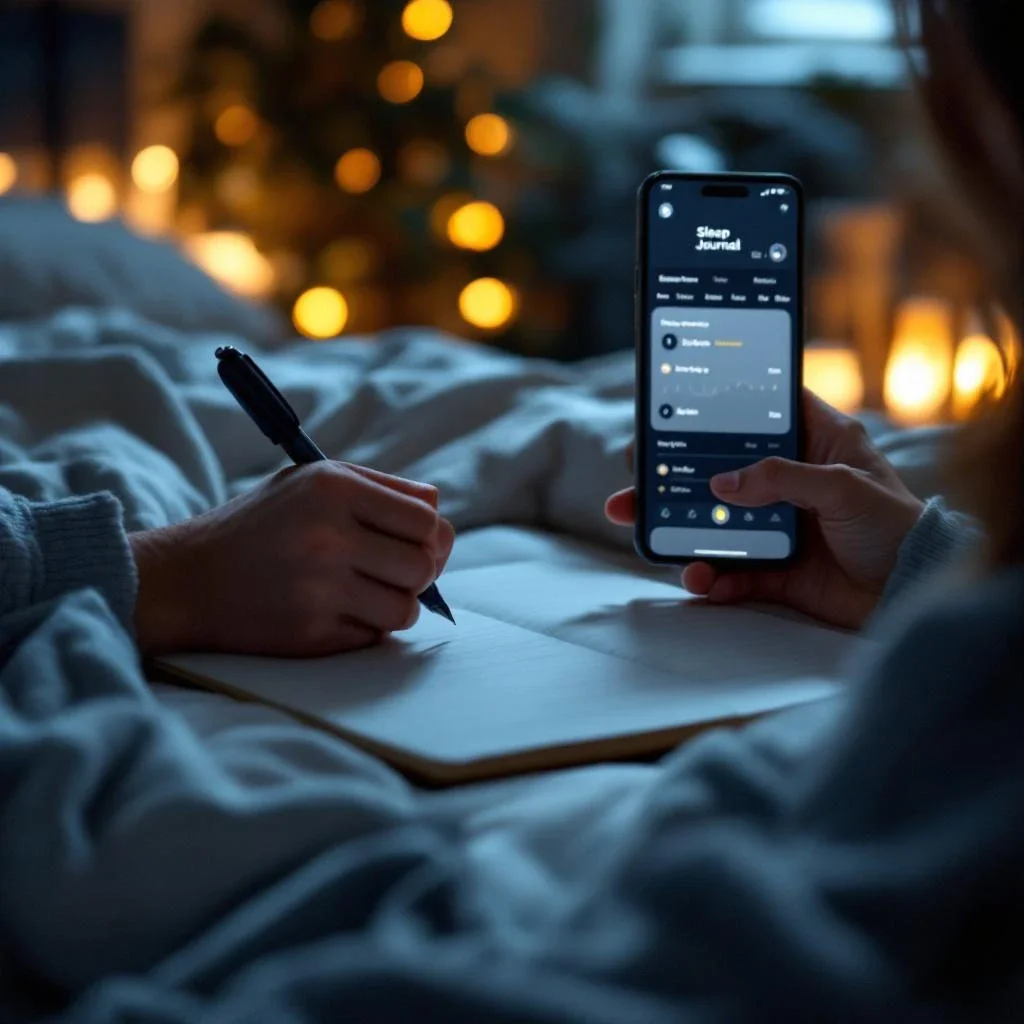 在舒適的臥室中寫睡眠日記的人與睡眠追蹤應用程式的畫面