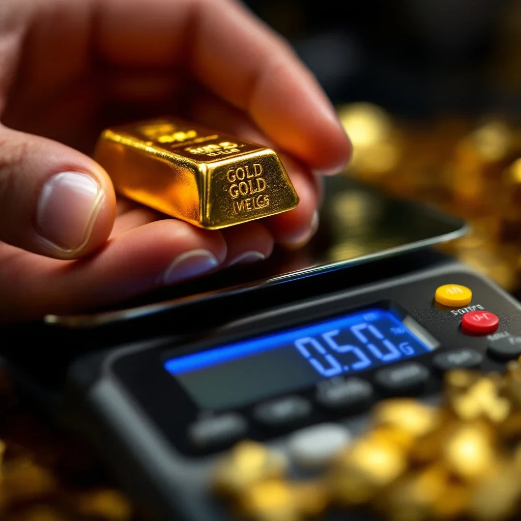 手持金條在數位珠寶秤上測量重量的精確顯示，顯示黃金金條回報計算的準確性