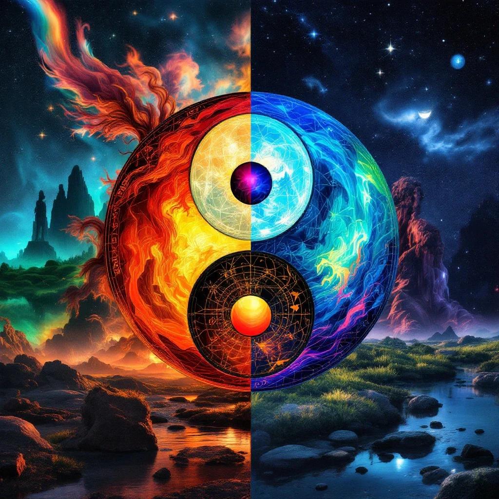 在辦公桌上沉思的人與易經卦象應用案例的藝術拼貼，展現決策與情感清晰