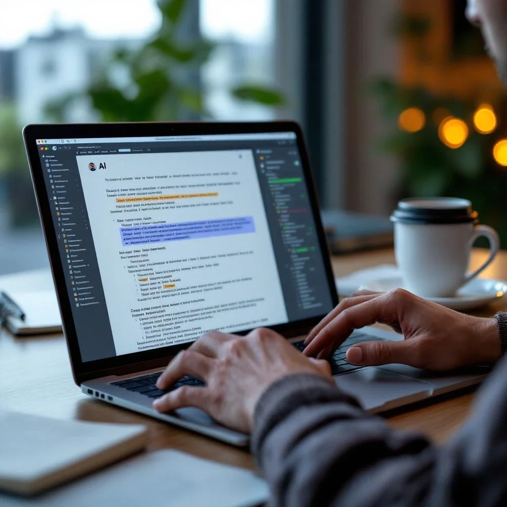 一位編輯在電腦前檢查AI生成的內容