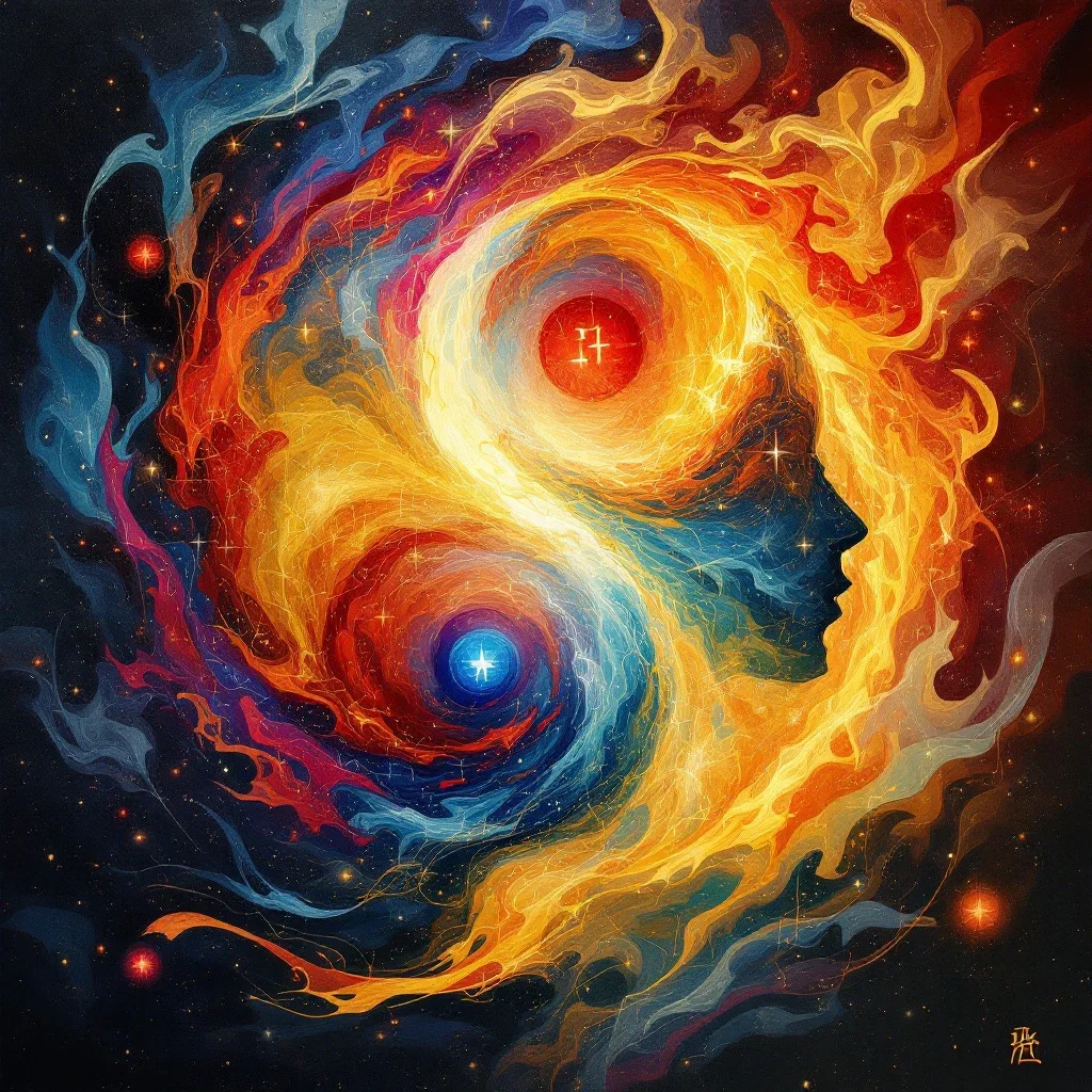 抽象卦象與情感符號交織的動態構圖展現卦象影響情感的深刻意義