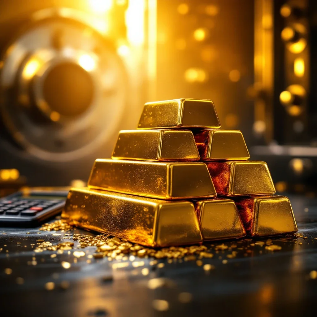 安全金庫內堆疊的黃金金條與計算器象徵著黃金金條回報計算的投資成長