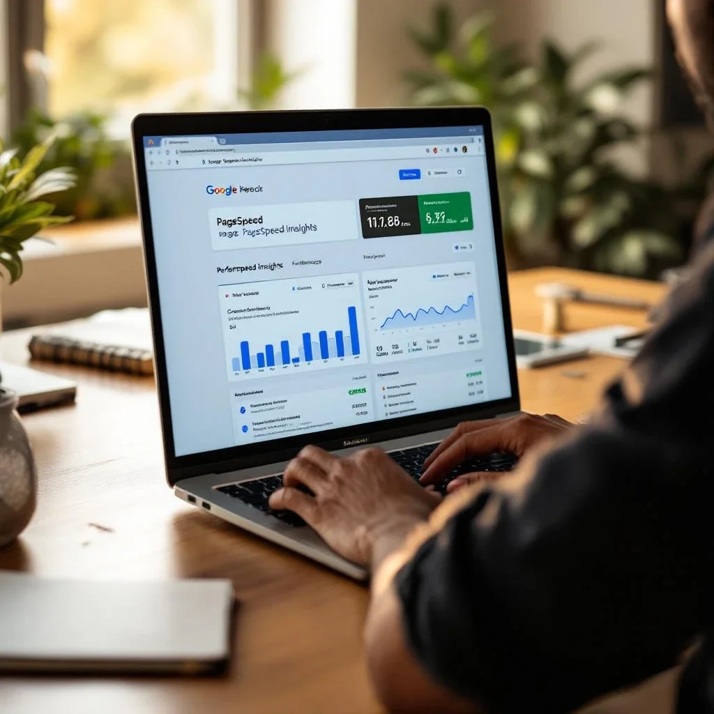 展示一個人正在使用 Google PageSpeed Insights 檢查網站速度的畫面。