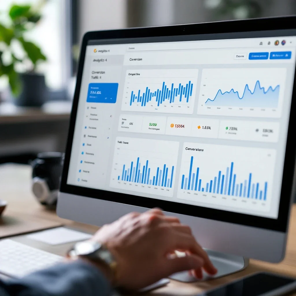 SEO成效評估：顯示 Google Analytics 4 儀表板的轉換數據與流量來源，包含有機流量趨勢與轉換率指標