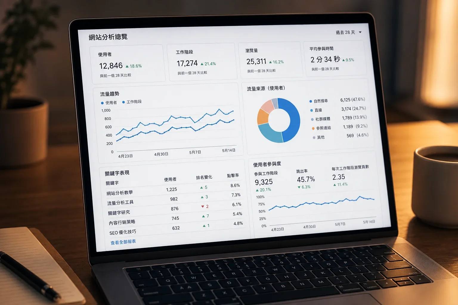 如何避免選擇錯誤的AI工具:分析用戶參與度與關鍵字表現的Google Analytics儀表板,展示流量數據