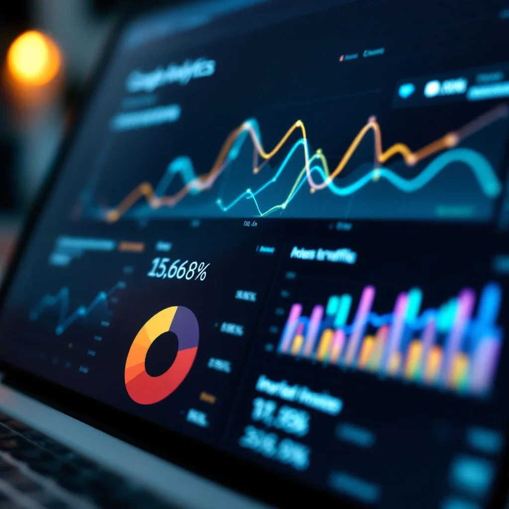 顯示Google Analytics儀表板的流量增長指標，包含線圖和圓餅圖，反映AI寫作案例的網站訪問量提升