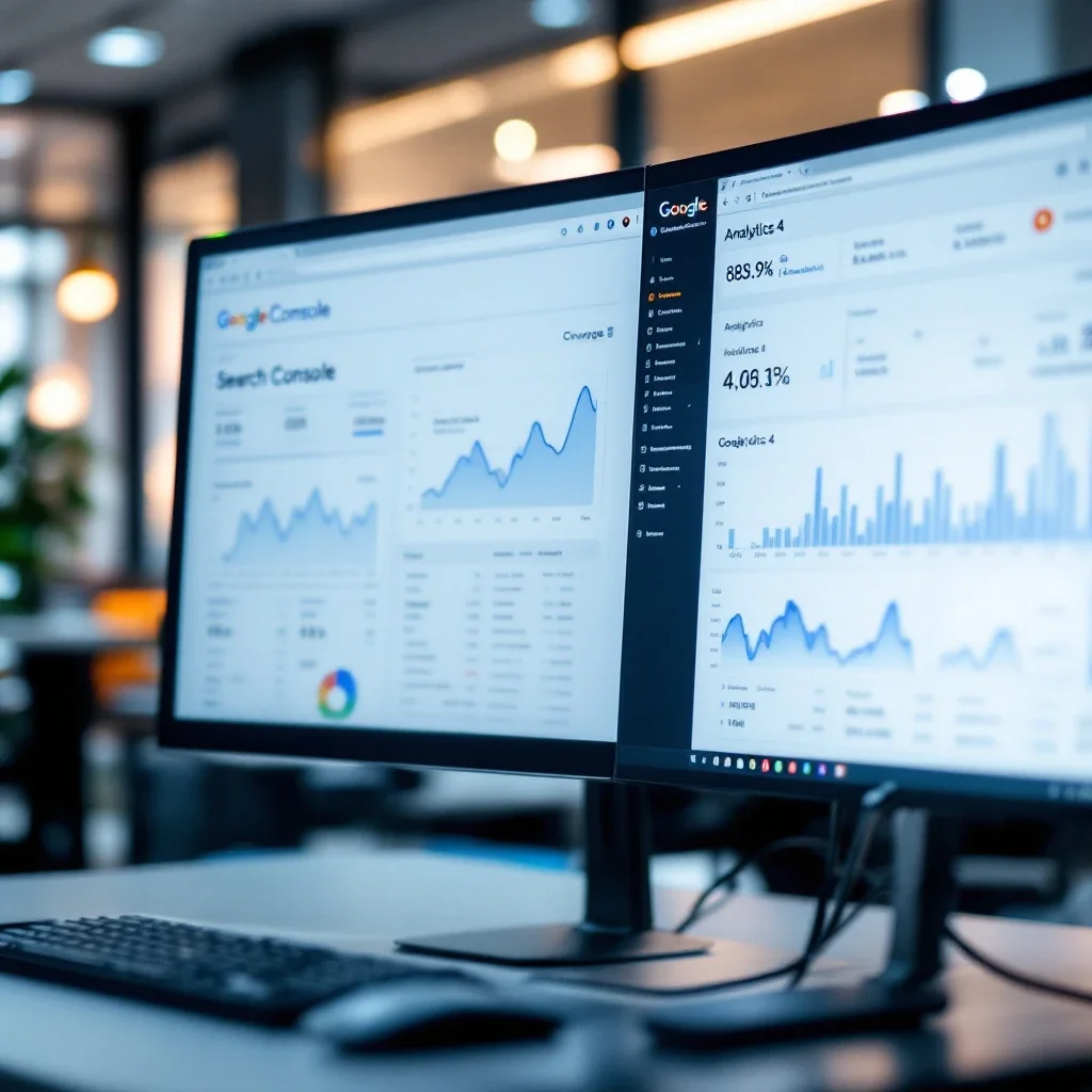 顯示Google搜尋控制台的索引報告與Google Analytics 4的用戶互動指標，強調SEO問題解決的重要性