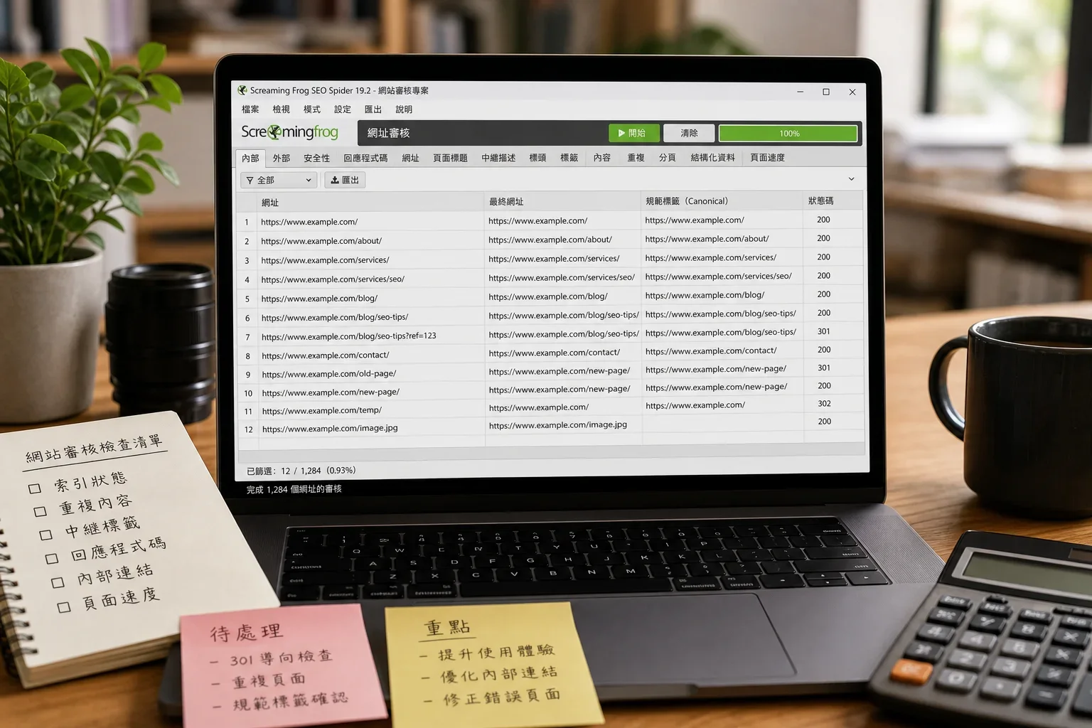 WordPress 漏洞 SEO:使用Screaming Frog進行網址審核過程的截圖,顯示最終網址、標準標籤和狀態碼的匯出結果