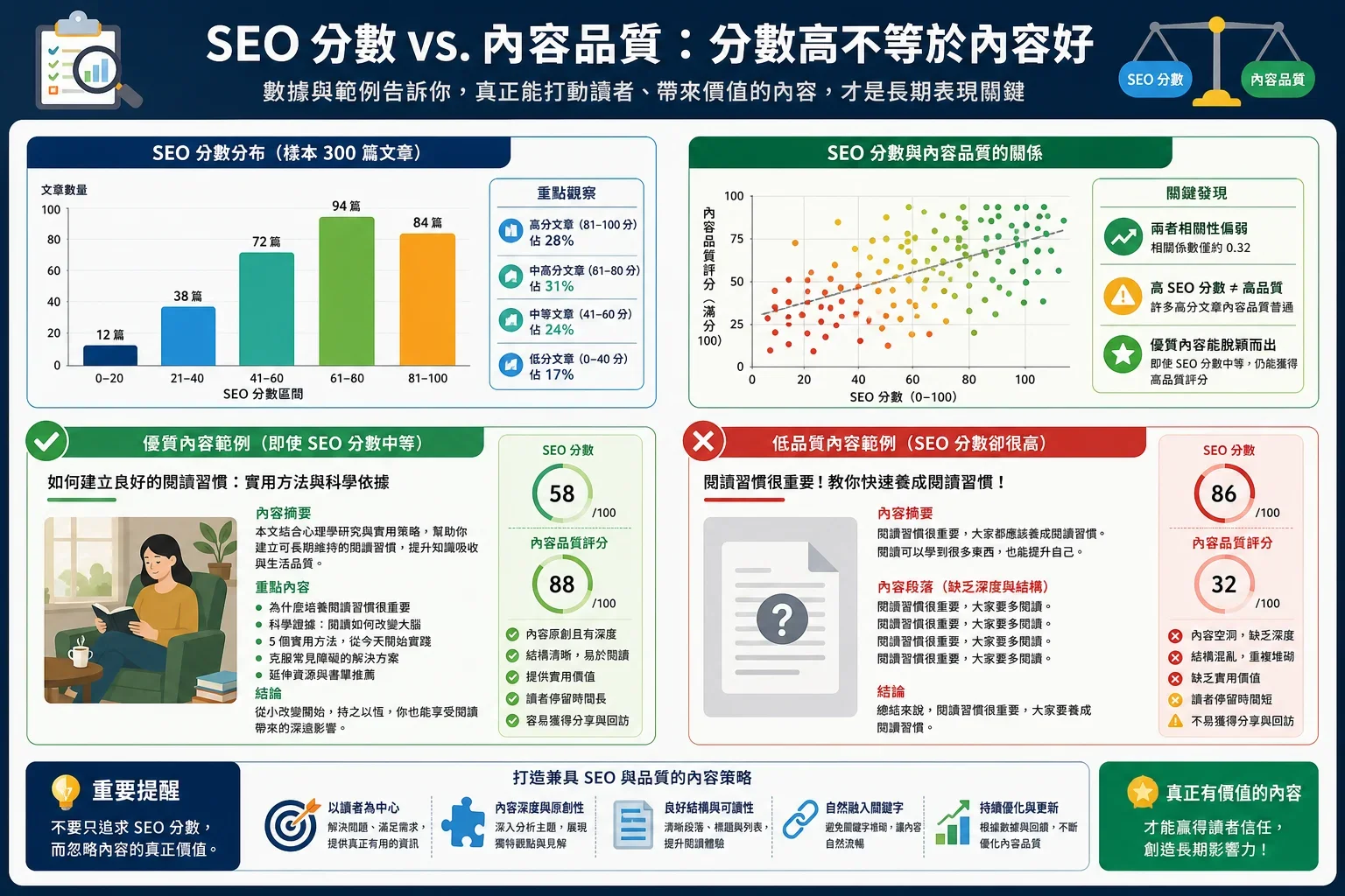 AI 文章品質檢測工具:比較SEO分數與內容品質的圖表,展示AI文章品質檢測工具的評估標準
