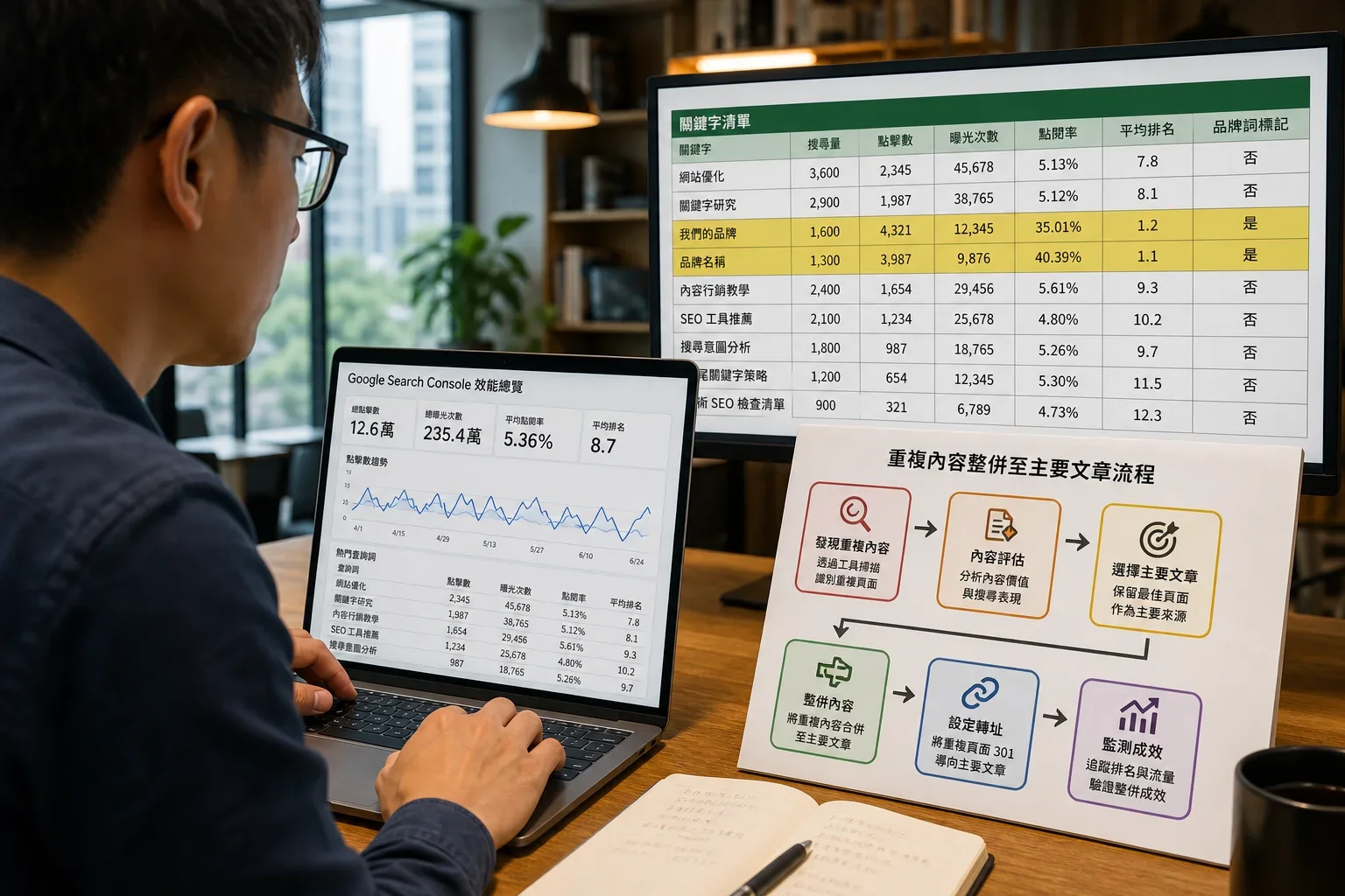 在現代辦公室中,SEO顧問使用筆記型電腦分析Google Search Console數據,探討內容重複導致的SEO問題
