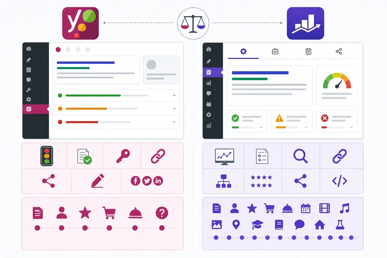 SEO 排名提升:比較Yoast與Rank Math SEO插件介面的功能,強調schema類型與使用者介面的差異