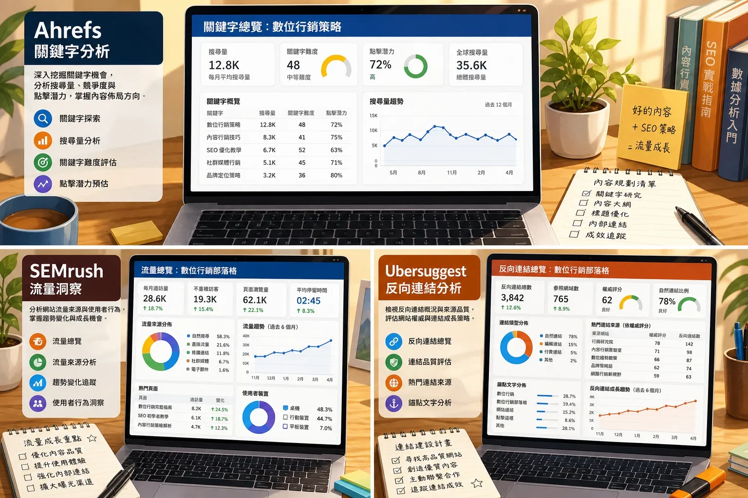 SEO工具選擇:在溫馨工作空間中展示的三個螢幕,顯示不同的SEO工具功能與分析