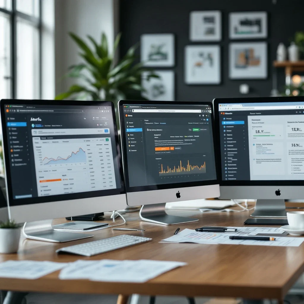 選擇 SEO 工具:現代辦公室中三台電腦並排顯示Ahrefs、Semrush和Screaming Frog的介面,強調選擇SEO工具的關鍵特點