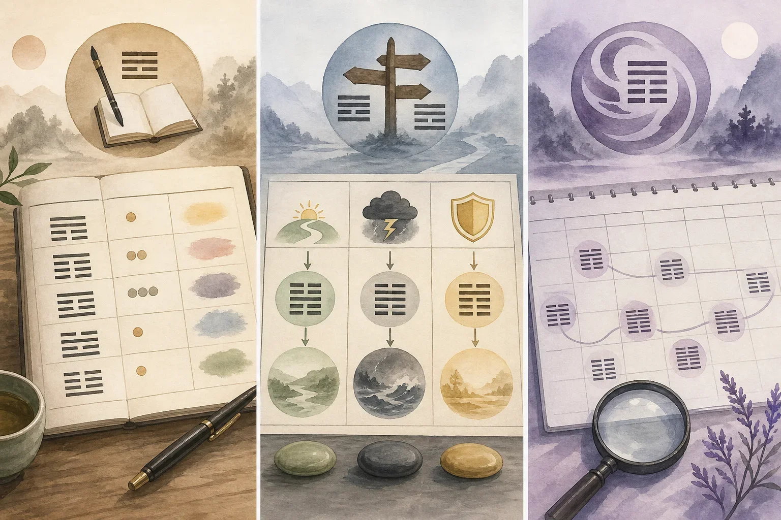 展示三種易經卜卦的筆記法，持續運用易經卜卦深化自我理解