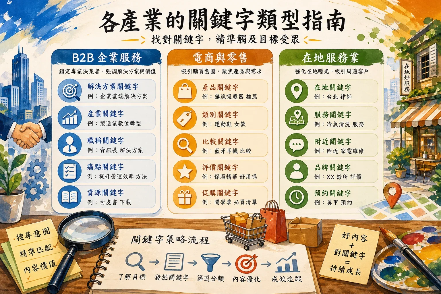 最佳關鍵字研究工具：展示不同行業關鍵字類型的創意插圖，包含電商、B2B和在地服務的關鍵字示例