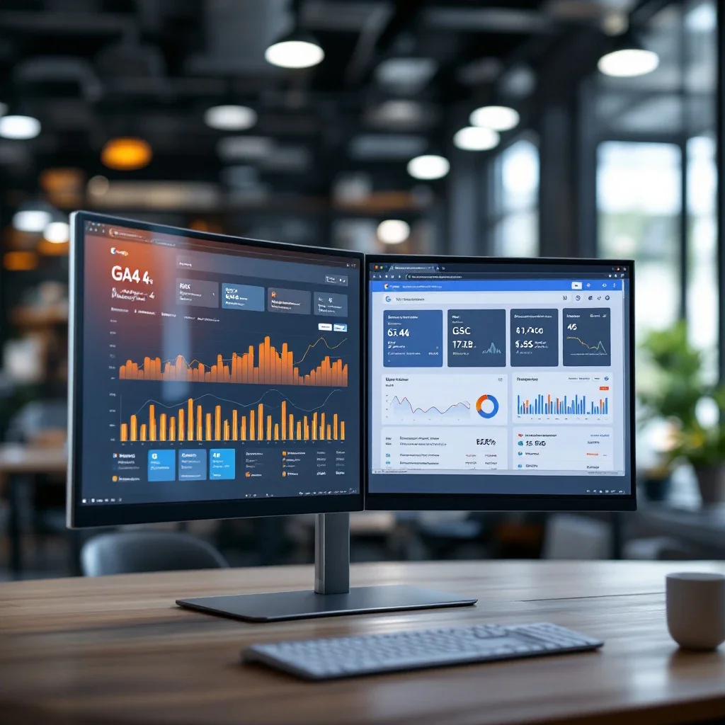 並排顯示的 Google Analytics 4 和 Google Search Console 儀表板,展示流量指標與查詢表現的 SEO 工具比較