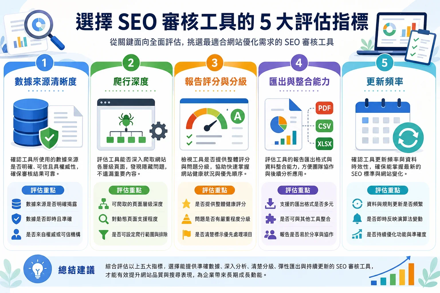 SEO健檢工具選擇：展示五項評估標準的資訊圖，幫助選擇合適的SEO健檢工具
