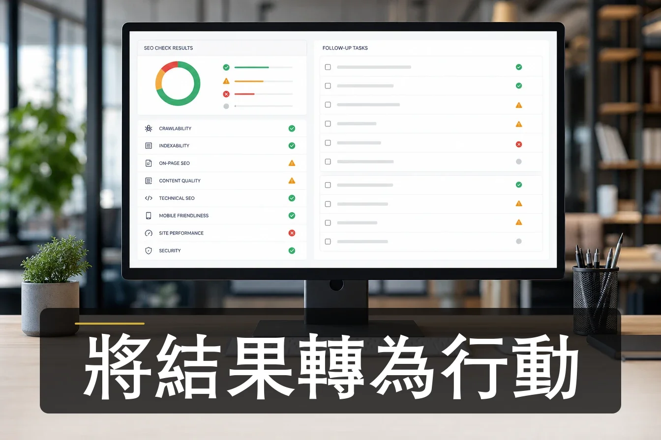 檢視任務管理工具中的SEO檢查結果和後續任務列表,提升網站流量的可行項目清晰可見