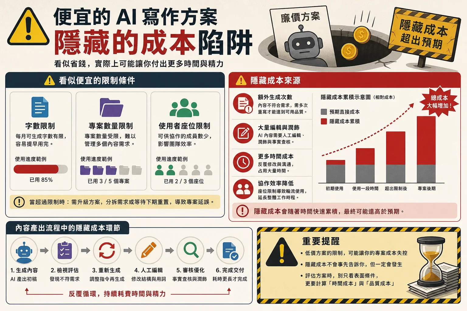 選擇AI寫作工具：顯示便宜AI寫作工具隱藏成本的圖表，包含字數限制和專案數等因素