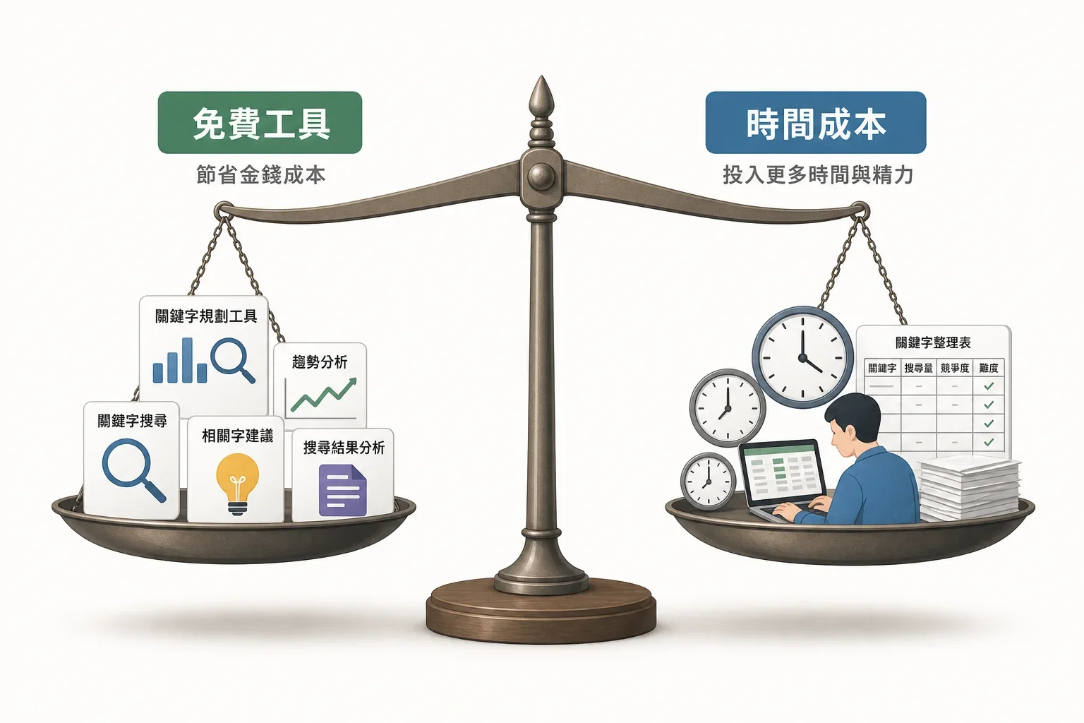 如何選擇關鍵字工具:平衡秤一側是免費工具圖標,另一側是時間成本的時鐘,象徵選擇關鍵字工具的取捨