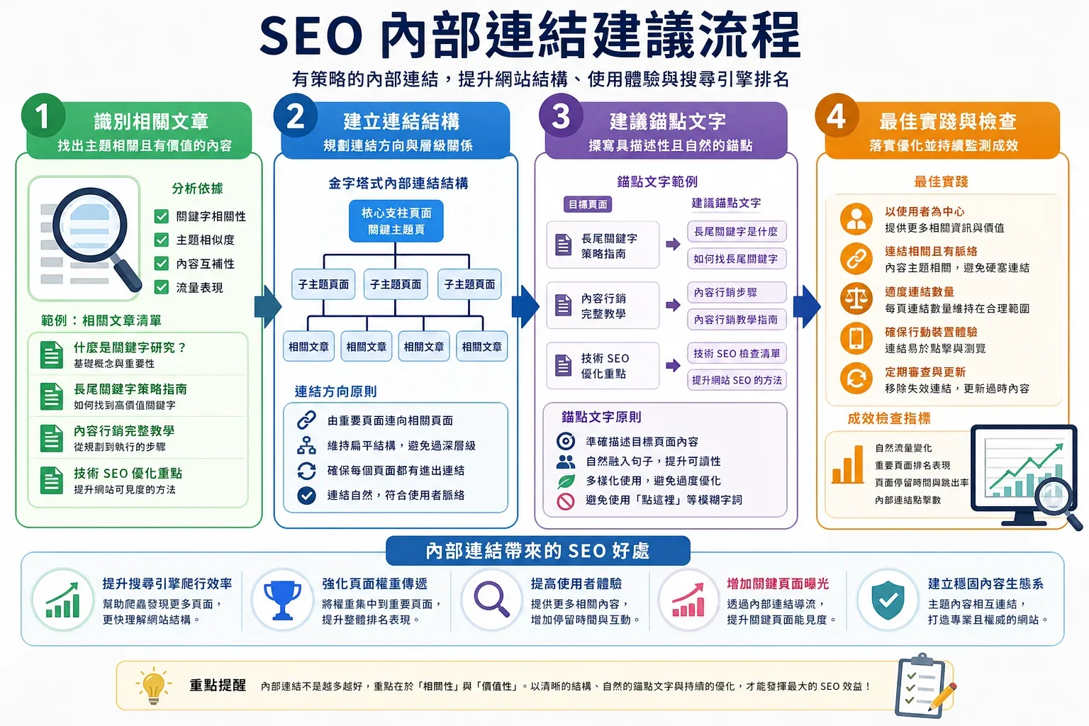SEO寫作工具選擇:展示內部連結建議流程的資訊圖,涵蓋相關文章識別與最佳實踐