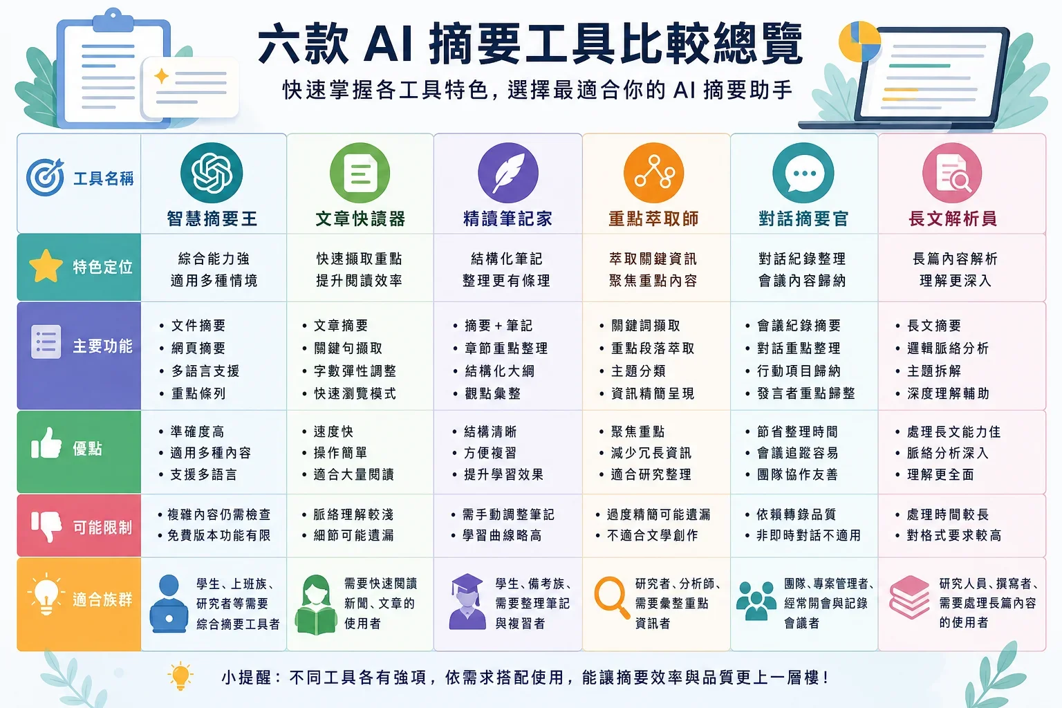 AI文章生成工具推薦:比較六款AI文章生成工具的特點與優缺點的資訊圖