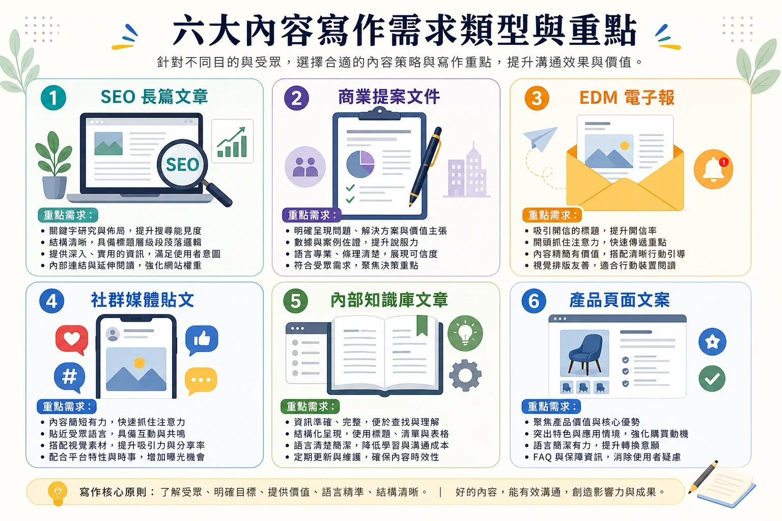 最佳 AI 文章生成工具 2026:六種類型內容寫作需求的圖示,包含SEO長文、業務提案、EDM、社群貼文、內部知識庫和產品頁