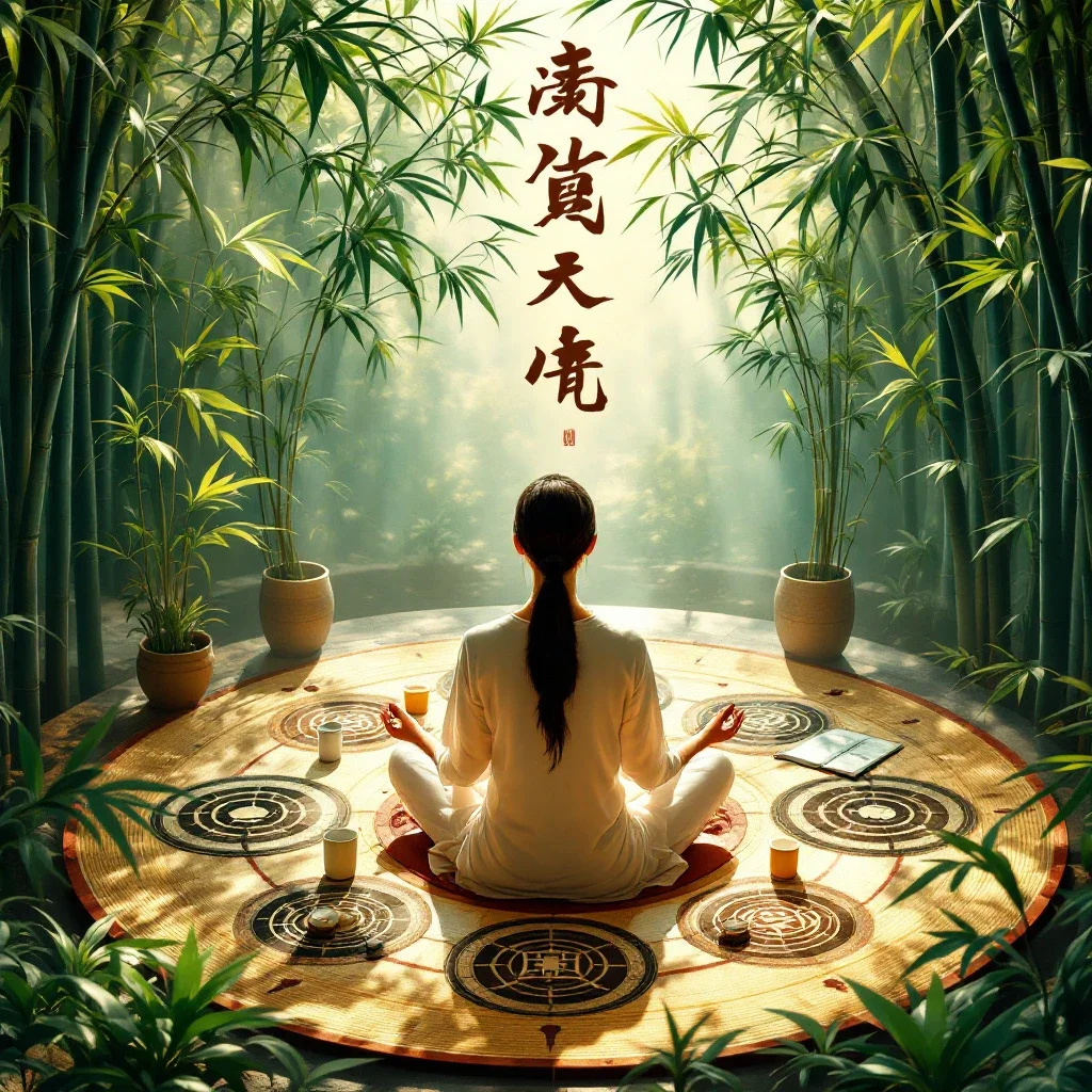 在寧靜環境中冥想的人與易經卜卦自我理解的六十四卦