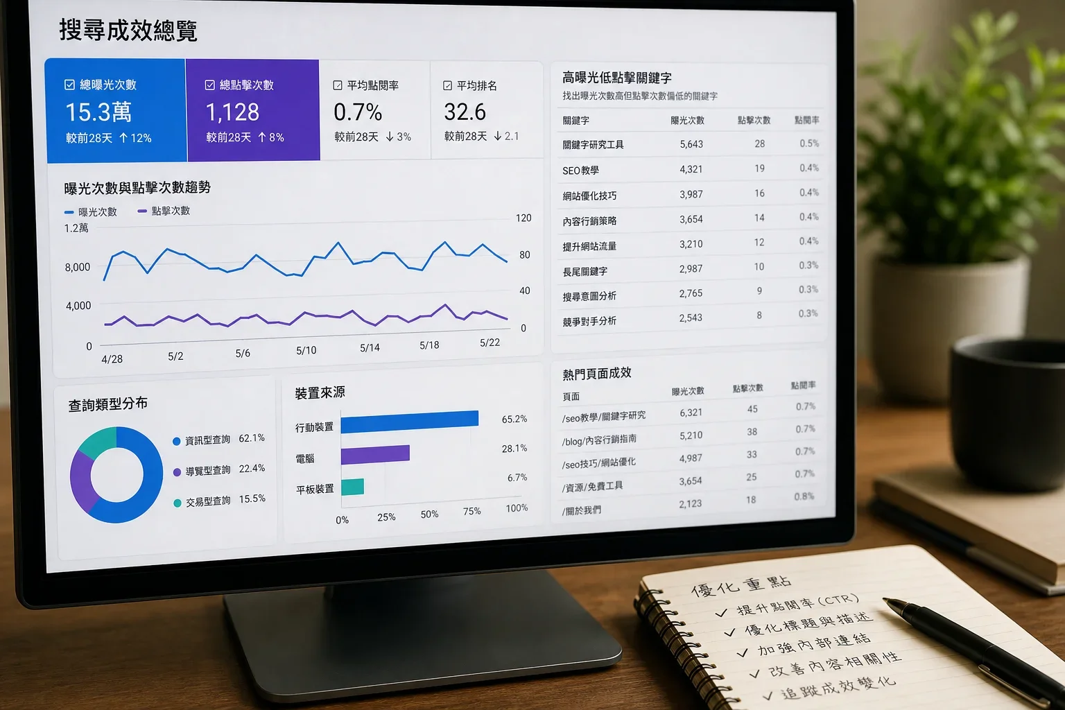 AI 寫作工具選擇：分析 Google 搜尋主控台數據的電腦螢幕，顯示高曝光但低點擊關鍵字