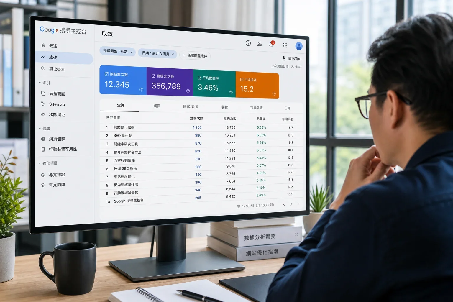 在現代辦公室中分析 Google Search Console 數據的專業人士,專注於 SEO工具選擇