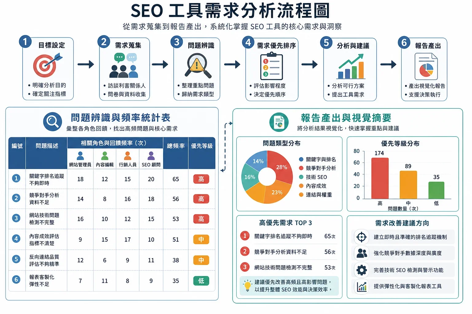 SEO 工具推薦：分析SEO工具需求的流程圖，包含問題識別與報告生成的表格