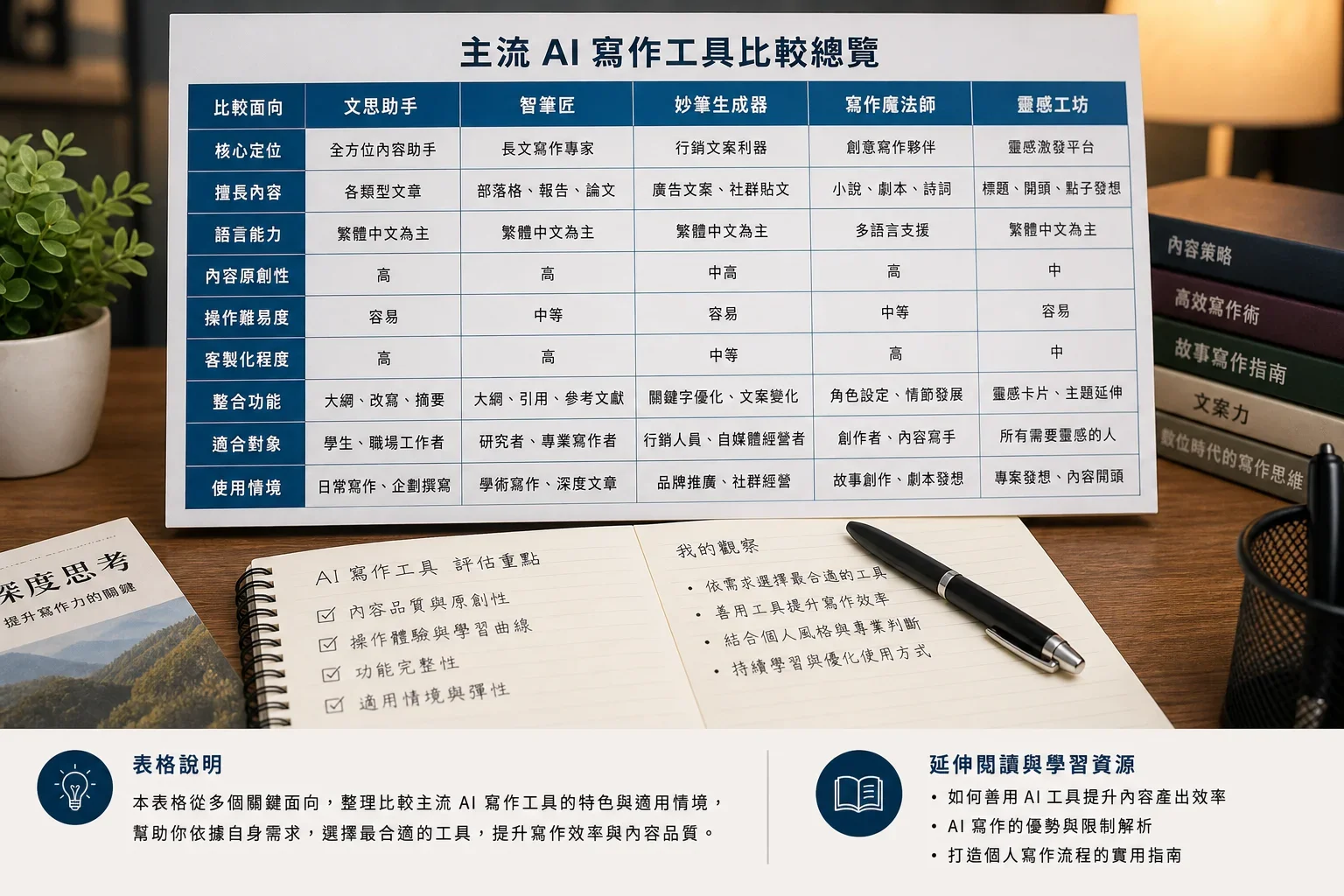 在分析環境中比較不同AI寫作工具的詳細表格，展示最佳內部連結策略的要素