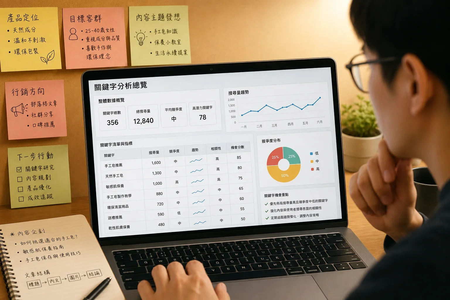 關鍵字工具選擇:分析關鍵字數據的過程中,筆記本旁邊的便條紙記錄了重要的想法