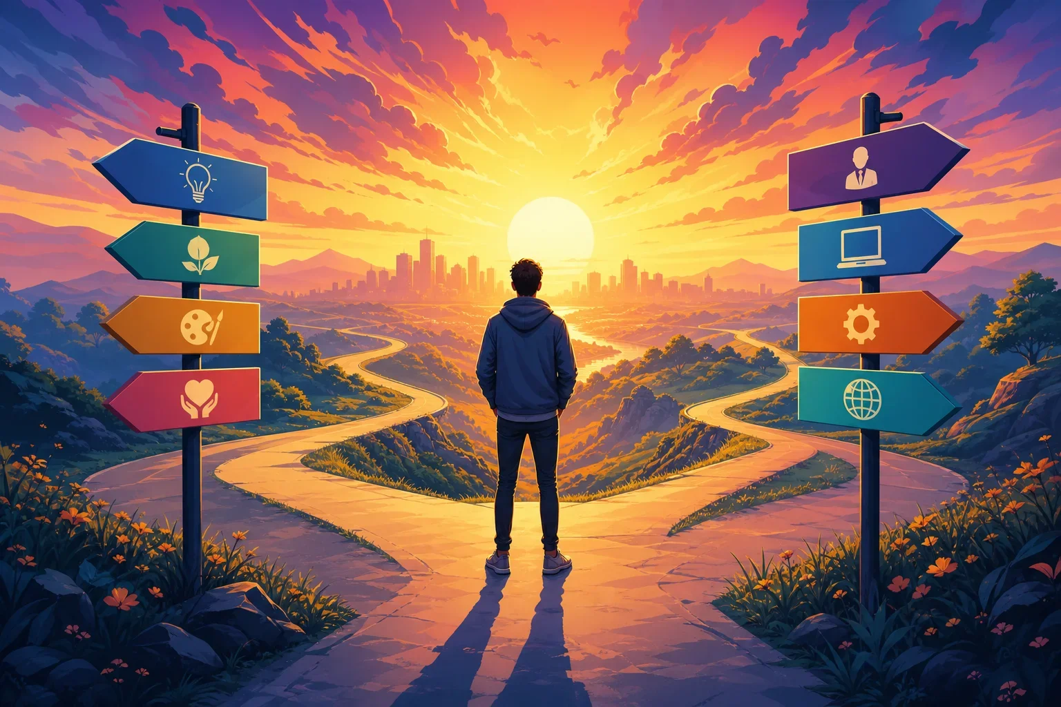 在十字路口思考職業發展計劃的人與希望的夕陽背景