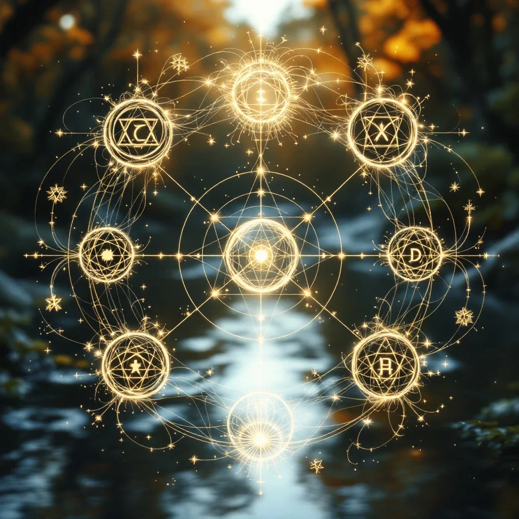 在自然背景中展現的卦象與情感循環的互動，象徵卦象影響情感的流動