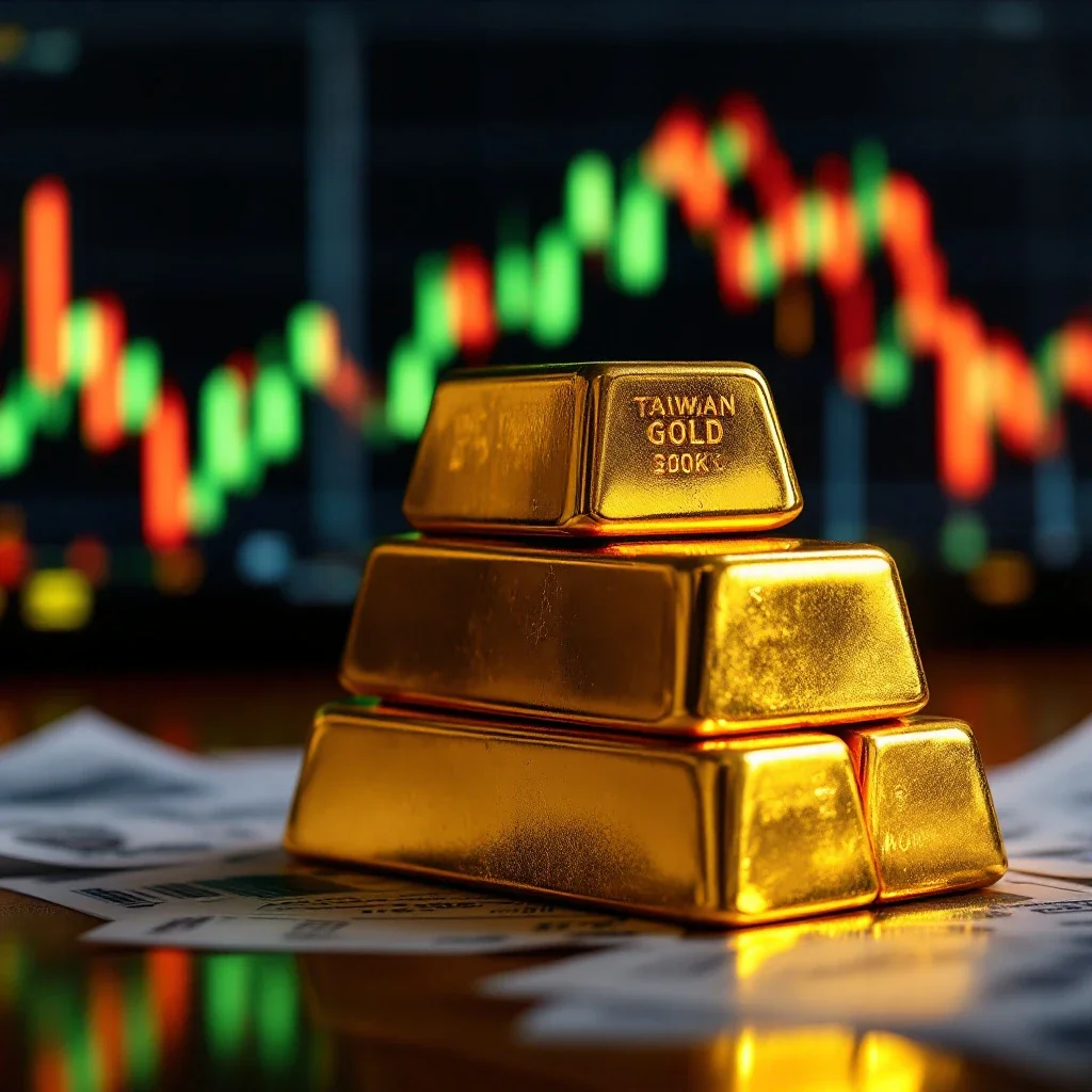 反射金色光芒的台銀黃金條塊與金融圖表相映成趣，呈現台銀黃金條塊規格選擇的投資價值