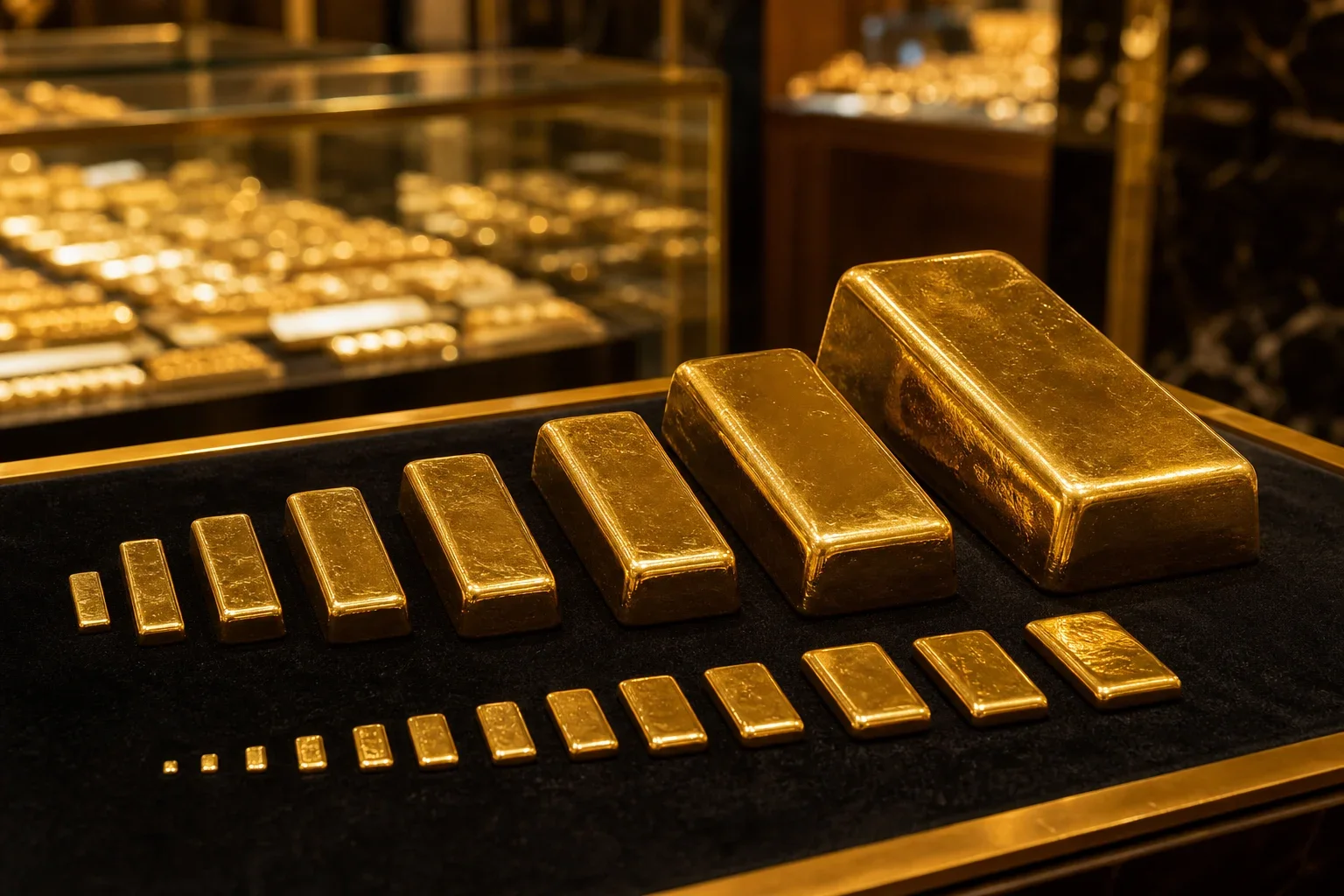 展示各種不同重量的金條與黃金條塊購買技巧