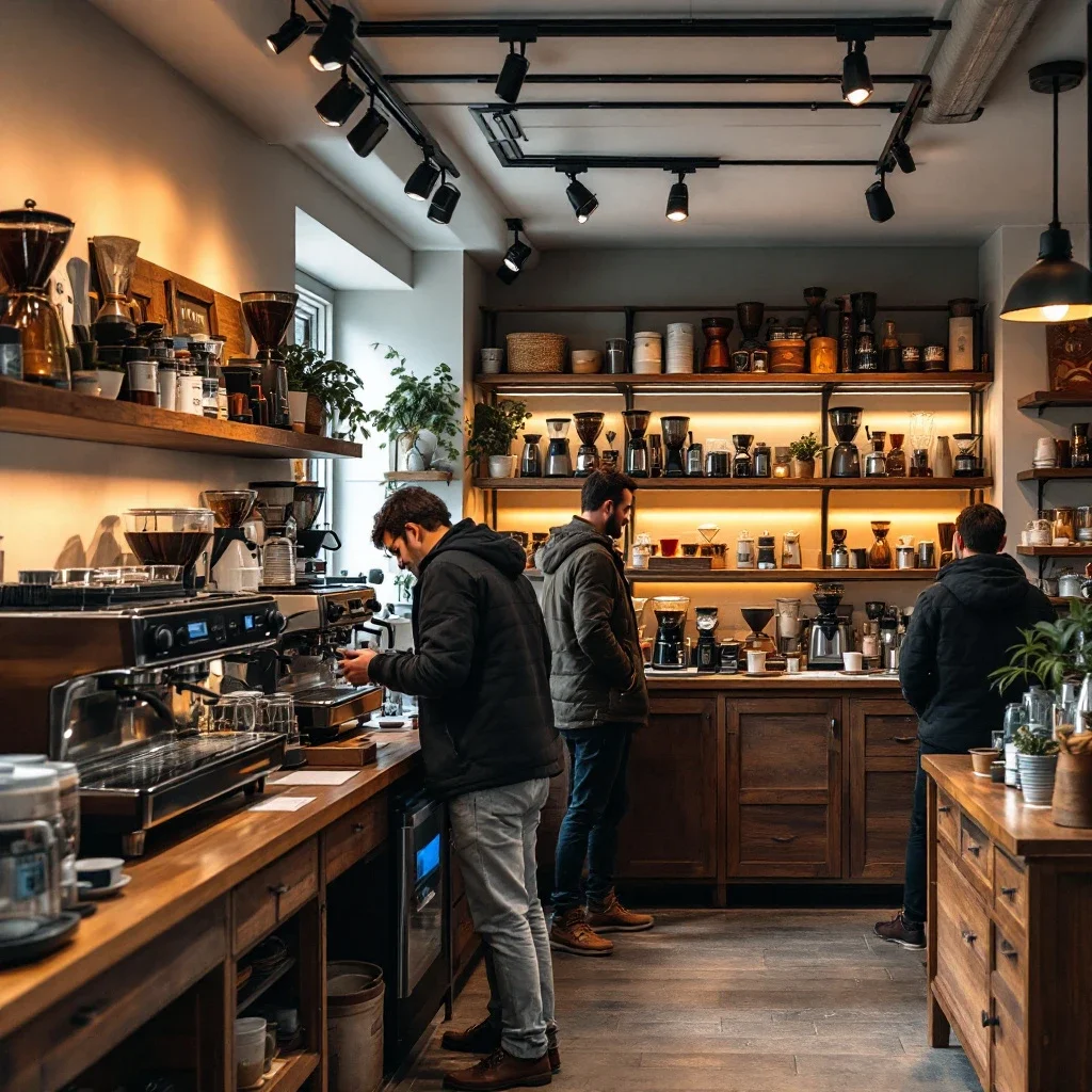 AI寫作案例：顧客在溫馨的咖啡器材商店中瀏覽各式咖啡機與配件
