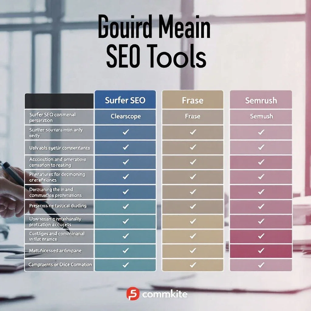 SEO 寫作工具推薦:在整潔的辦公室中,一位人士指著四款SEO工具的比較圖表,展示各工具的功能與評分