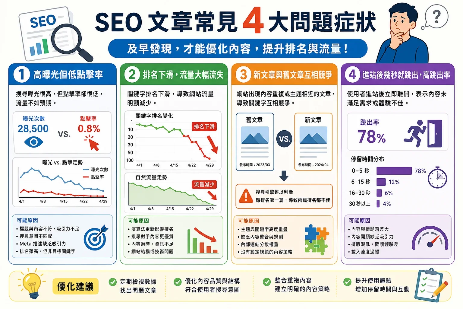 避免 SEO 寫作錯誤:展示四種 SEO 文章問題的資訊圖,包含高曝光低點擊率、排名下降流量減少、新舊文章競爭、高跳出率等症狀