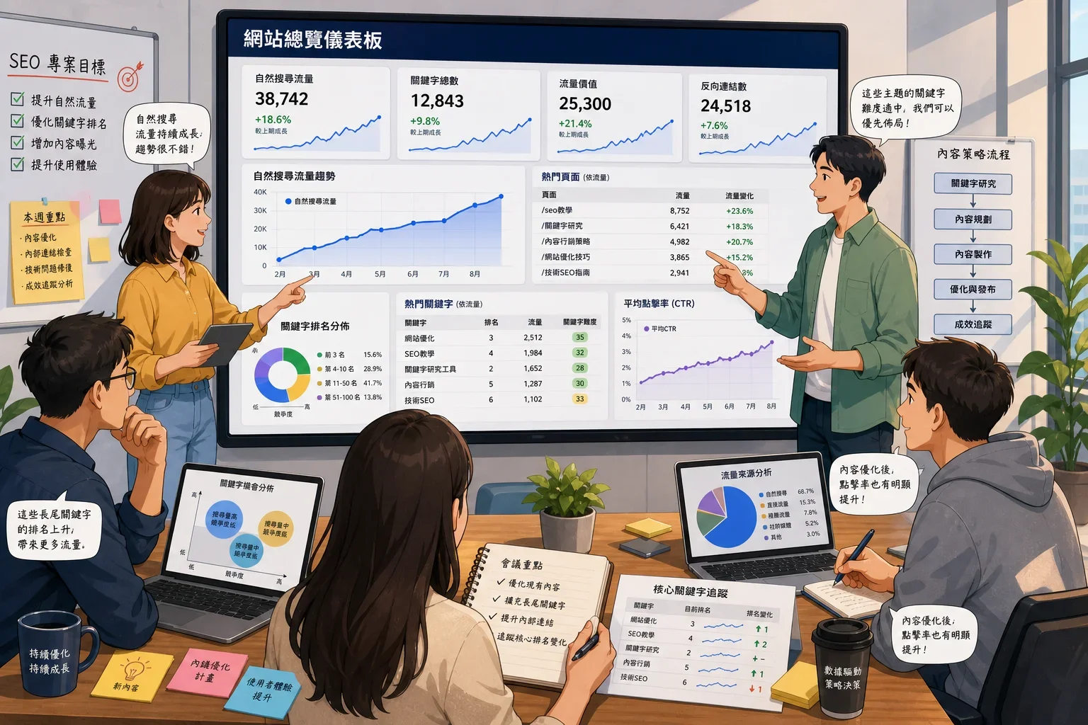 團隊在分析Ahrefs數據，討論內容行銷策略實例與關鍵字分析
