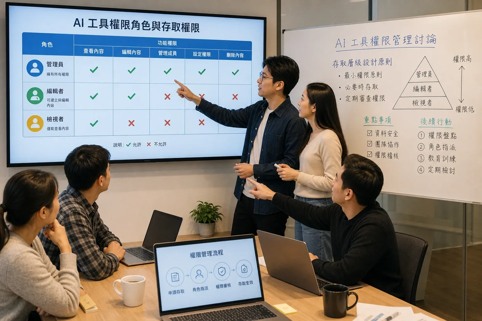 如何避免選擇錯誤的AI工具:團隊在會議中討論AI工具權限,指著顯示使用者角色的數位圖表