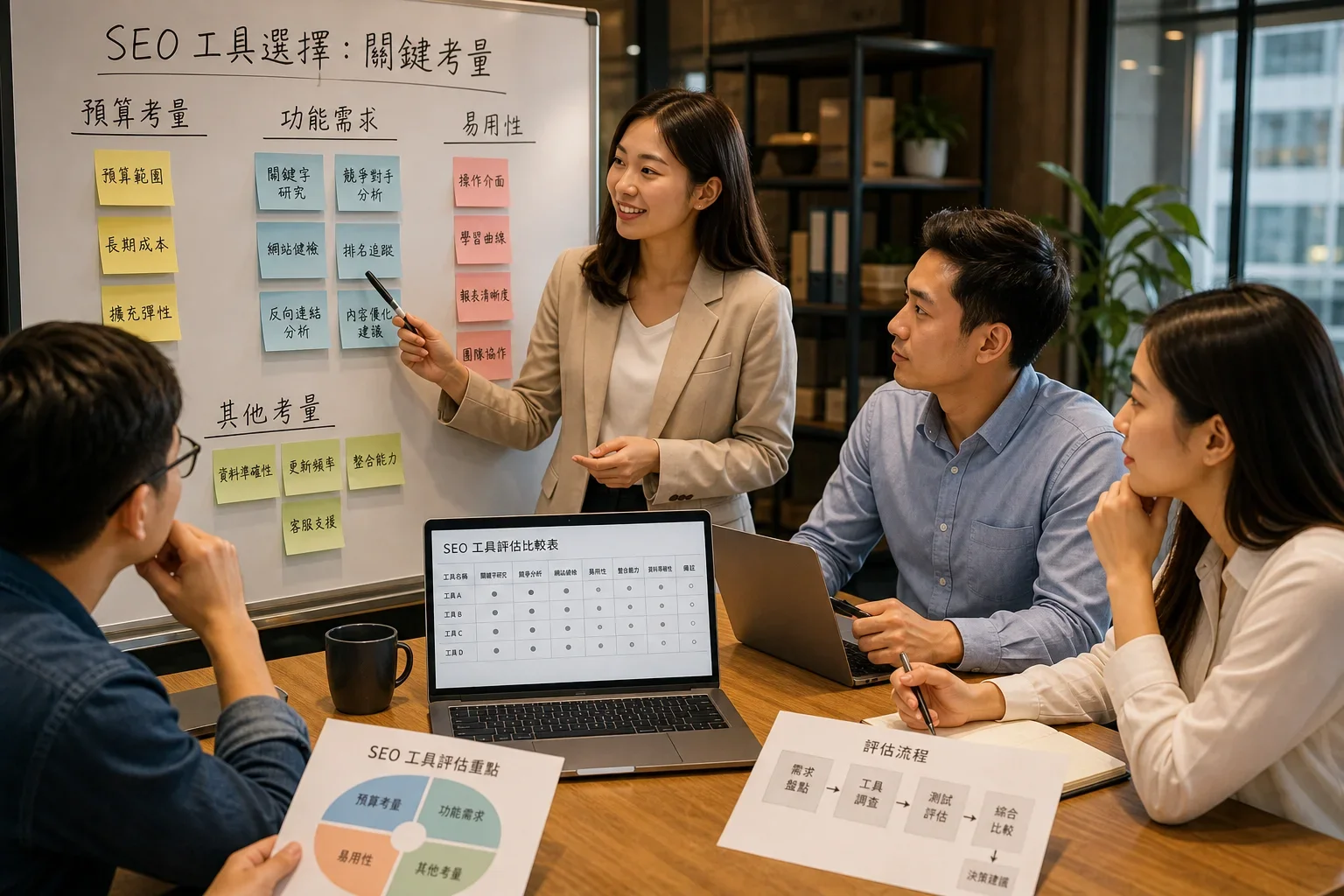 團隊在現代辦公室討論小型企業 SEO 工具選擇的關鍵考量