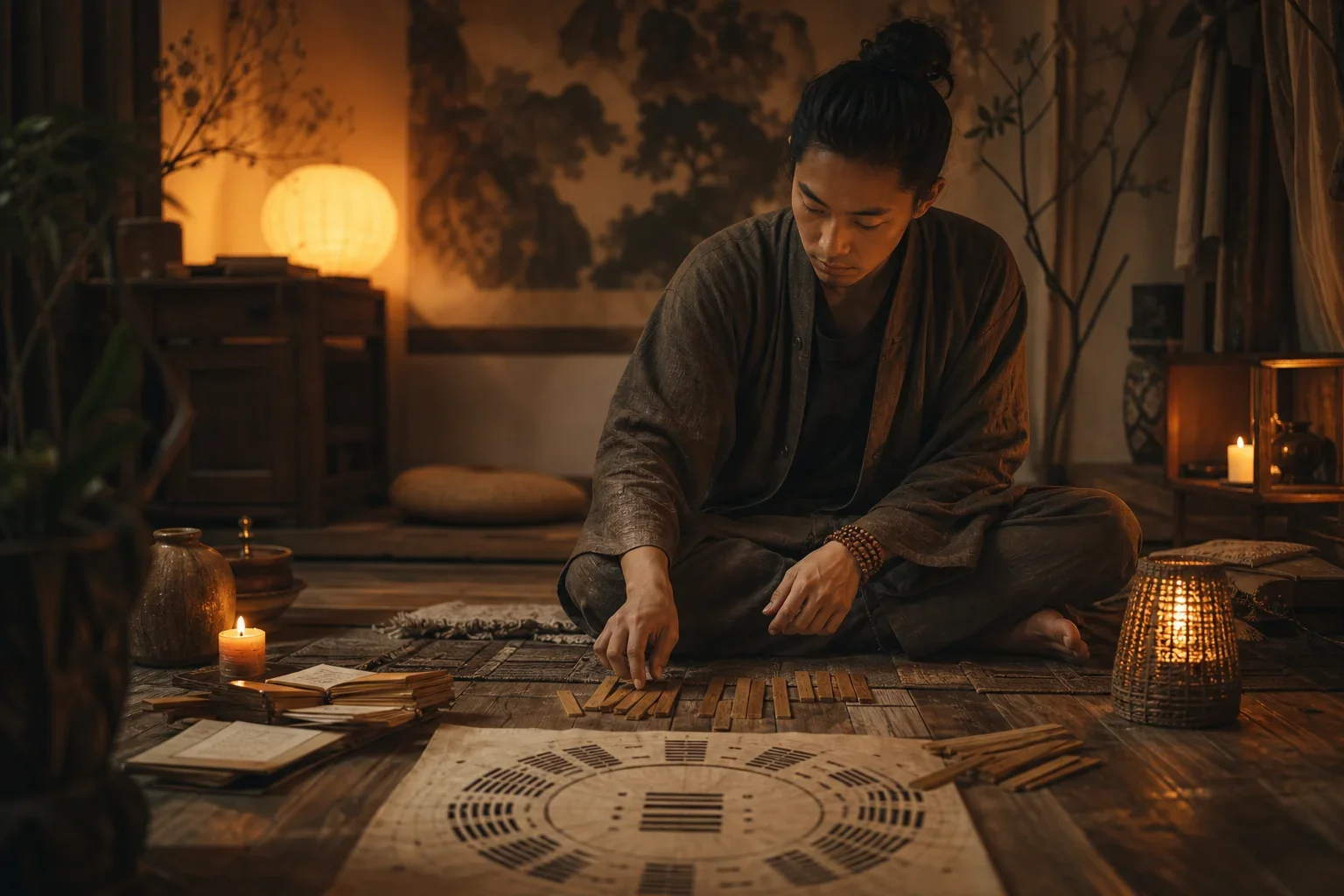 坐在木地板上進行易經卜卦的靜思與反思