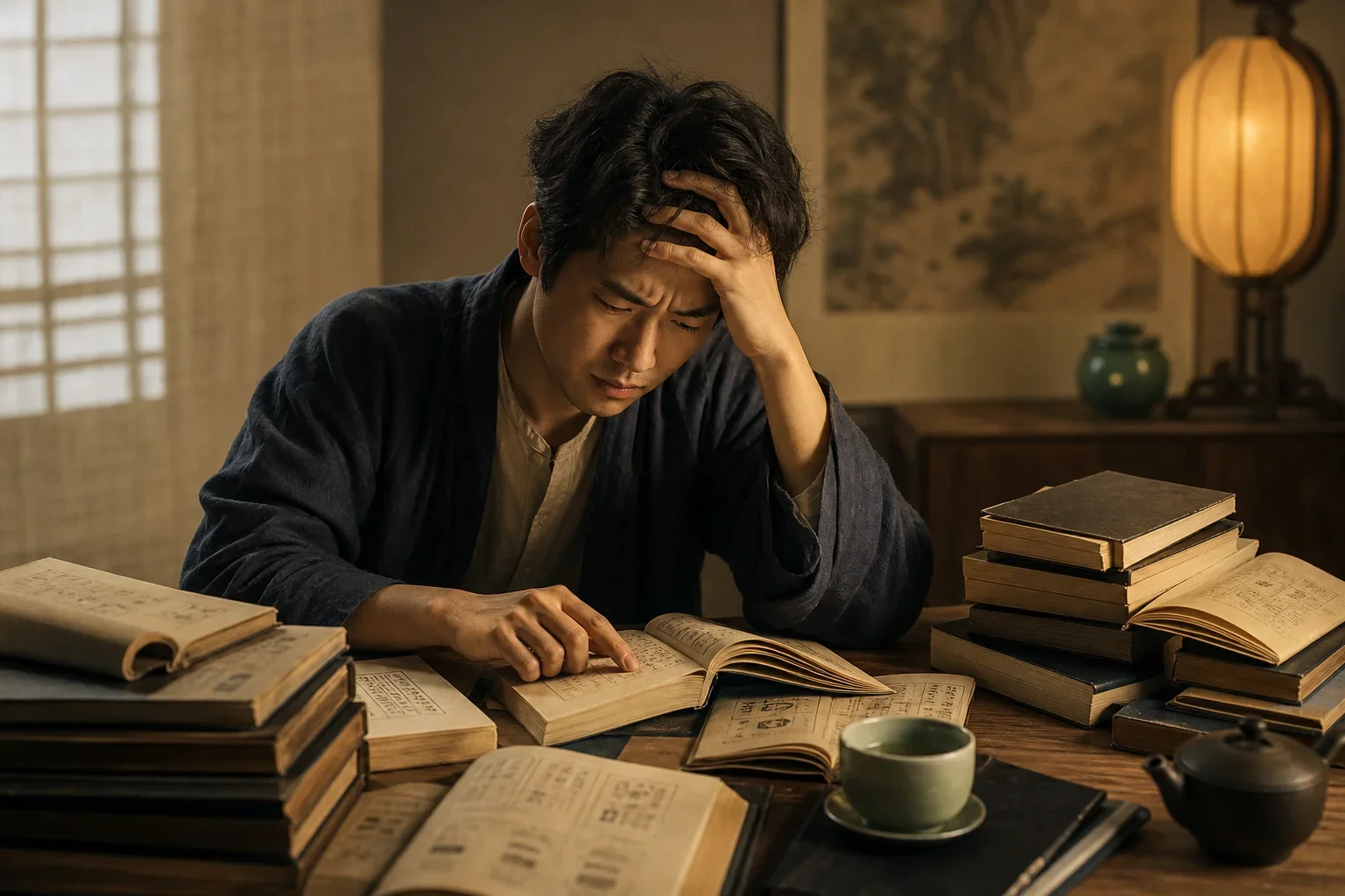 坐在桌前的個人面對易經卜卦的常見誤區感到困惑